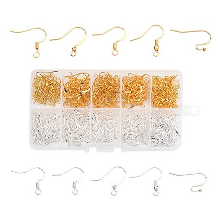 ARRICRAFT 1 Box (About 400pcs) 5 Styles Brass Earring Hooks Ear Wires, Golden and Silver, 16~21x12~19mm