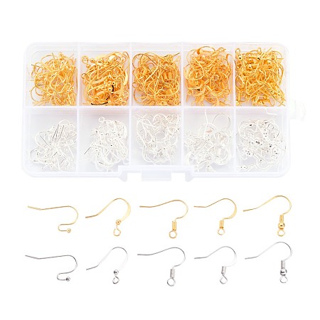 1 Box Five Styles Brass Earring Hooks, Golden and Silver, Mixed Color, 16~21x12~19mm, Hole: 2mm, Pin: 0.6mm; about 20pcs/compartment, 200pcs/box