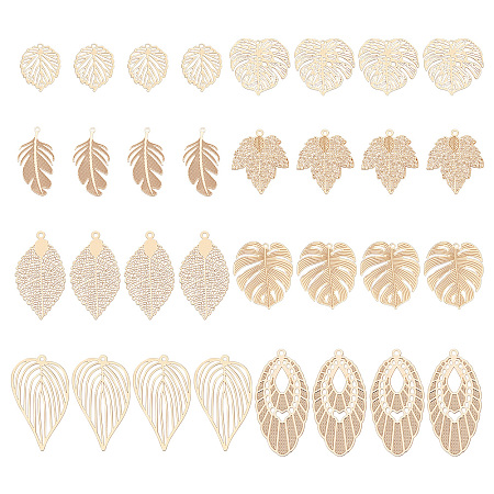 PandaHall Elite 32Pcs 8 Style Brass Pendants, Etched Metal Embellishments, Long-Lasting Plated, Monstera Leaf & Maple Leaf, Light Gold, 26~42x15~26x0.3~0.4mm, Hole: 1.2~1.6mm, 4pcs/style