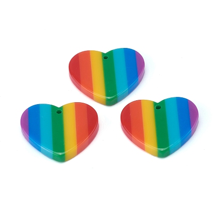 Honeyhandy Plastic Stripe Pendants, Rainbow Heart Charms, Colorful, 23x25x4mm, Hole: 1.5mm