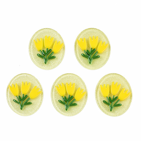 ARRICRAFT Acrylic & Resin, with Glitter Powder, Oval with Flower, Yellow, 29.5x25x4.5mm