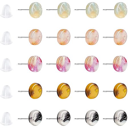 UNICRAFTALE About 60pcs 6 Styles Flat Round Resin Stud Earring Findings Cellulose Acetate Earring with Plastic Ear Nuts Vintage Resin Wood Earring with Stainless Steel Pin