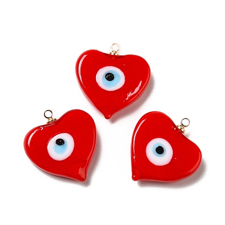 Honeyhandy Handmade Lampwork Pendants, with Real 18K Gold Plated Plated Brass Finding, Cadmium Free & Lead Free, Heart with Evil Eye, Red, 19.5x18.2x5mm, Hole: 1.4mm