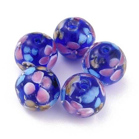 Honeyhandy Round Lampwork Beads, Plum Flower Petal Pattern, with Hole, Midnight Blue, 12mm, Hole: 1.8mm