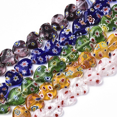 ARRICRAFT Handmade Millefiori Lampwork Beads Strands, Heart, Mixed Color, 11~12x12x4~5mm, Hole: 1mm, about 32~33pcs/strand, 12.72 inches~13.78 inches(32.3~35cm)