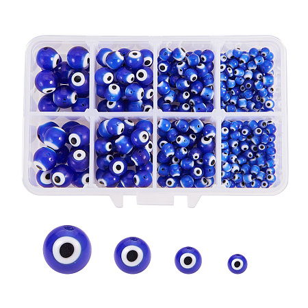 NBEADS 1 Box (About 390pcs) 4 Sizes Handmade Round Evil Eye Lamp work Beads Charms Spacer Beads fit Bracelets Necklace Jewelry Making