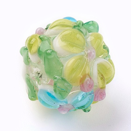Honeyhandy Handmade Lampwork Beads, Rondelle with Flower, Bumpy, Colorful, 14~15x12~13mm, Hole: 1.5~1.8mm
