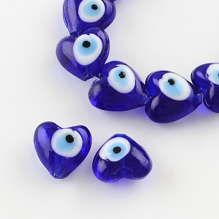 Honeyhandy Heart Evil Eye Lampwork Bead Strands, Blue, 13~15x15x9mm, Hole: 2mm, about 24pcs/strand, 11.4 inch