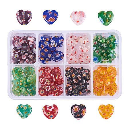 PandaHall Elite 80 Pcs Millefiori Lampwork Flat Heart Glass Beads 8 Styles Length 12mm for Jewelry Making Mixed Colors