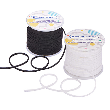BENECREAT 2 Rolls 65 Yard 3mm Faux Suede Cord Jewelry Making Flat Micro Fiber Lace Faux Suede Leather Cord - White & Black, About 32 Yard per Roll