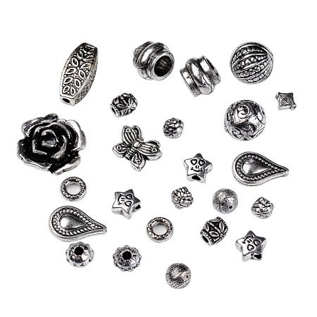 NBEADS 500g Mixed Antique Acrylic Beads, Antique Silver, 10~38x9~37x4~20mm, Hole: 1~10mm; about 70~2500pcs/500g