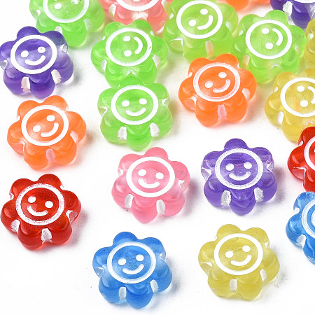 Honeyhandy Transparent Acrylic Beads, Craft Style, Flower with Smiling Face, Mixed Color, 10x11x5mm, Hole: 2mm, about 1800pcs/500g
