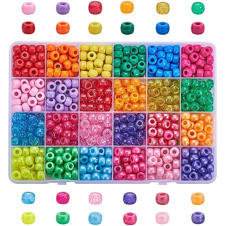 NBEADS 1500 Pcs 9x6mm Plastic Beads with 4mm Hole, Mixed Style Large Hole Loose Connector Beads Rondelle Jewelry Making Pony Beads with Container for DIY Necklace Bracelet Arts Crafts Making