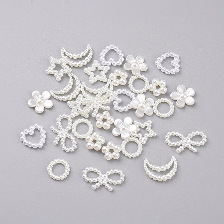Arricraft Acrylic Pearl Cabochons, Imitation Shell & Pearl, Flower, Ring, Star, Moon, Heart and Bowkont, White, 210pcs/set