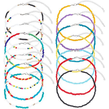 Arricraft 15 Pcs 15 Colors Glass Bead Choker Necklaces, Adjustable Bohemian Choker with Iron Lobster Claw Clasps, Round Seed Beaded Necklace for Women Teen Girls