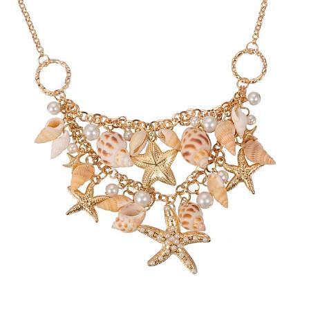 PandaHall Elite Trendy Natural Shell Bib Beach Necklaces Starfish and Conch Pendants with Iron Chains and Brass Lobster Claw Clasps, Golden, 19.6