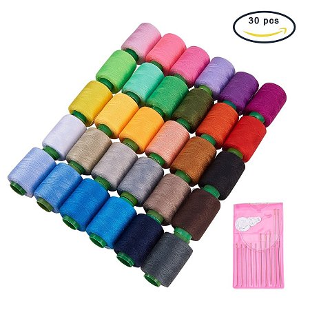 BENECREAT 30 Assorted Color 400 Yards Each Polyester Sewing Thread Cords Spools with 10 Pcs Iron Needles and 1 Pcs Needle Threader