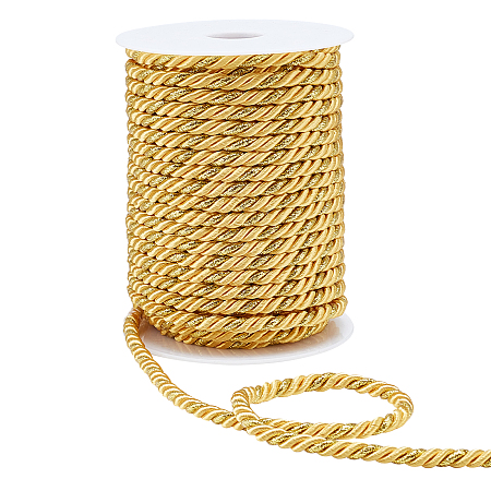 PandaHall Elite 25 Yards Twisted Gold Trim Cord, 5mm Twist Cords Braided Triple-Strand Rope Silk Ropes Solid Decorative Twine Cord for Sports, Christmas Decor, Crafts, Macrame & Indoor Outdoor Use
