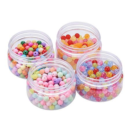 NBEADS 4 Boxes 800 Pcs Mixed Color Acrylic Ball Beads, Solid & Frosted & Crackle Style Round Loose Beads for Jewelry Making and Craft