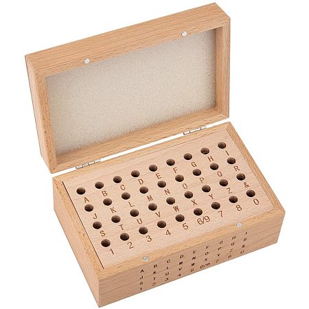 PandaHall Elite Wooden Number Alphabet Punch Storage Box, 36 Holes Uppercase Alphabet A to Z, Number 0 to 8 and Symbol & Organizer Stand for Metal Marking Jewelry Stamps