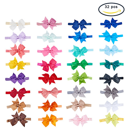 PandaHall Elite 32 Pcs Bowknot Headbands Grosgrain Ribbon Hair Bows with Elastic Cord for Kids Baby Girls Teens Toddlers Infant Mixed Color