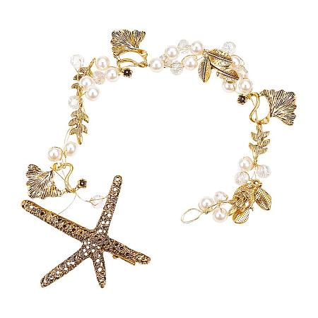 PandaHall Elite 2 Strand Gold Starfish Leaf Hairband Women Mermaid Headband Headpiece Pearl Beads Hair Jewelry Crown Bridal Wedding Hair Accessories