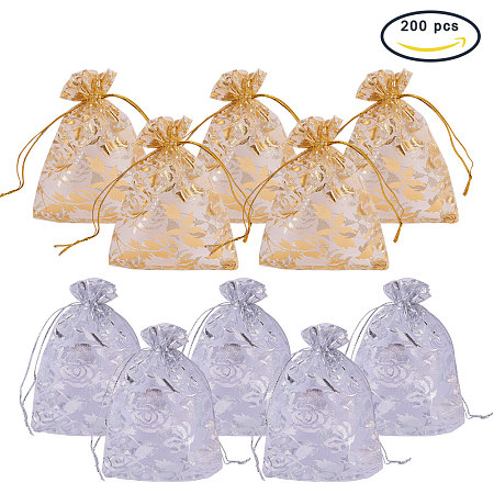 PandaHall Elite 200 PCS 4 x 4.7 Inches Rose Printed Organza Bags Silver & Golden Jewelry Pouch Bags Organza Velvet Drawstring Pouches Wedding Favors Candy Gift Bags