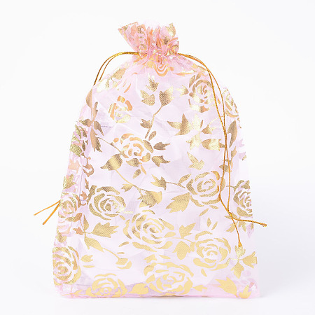 Honeyhandy Rose Printed Organza Bags, Gift Bags, Rectangle, Pearl Pink, 18x13cm