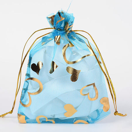 Honeyhandy Heart Printed Organza Bags, Gift Bags, Rectangle, Light Sky Blue, 12x10cm