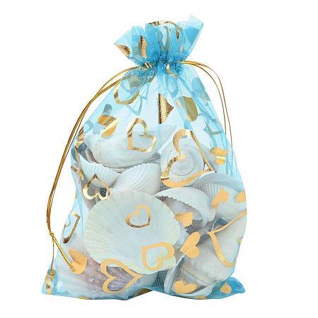 ARRICRAFT 100 PCS 5x7 Inches Heart Printed LightSkyBlue Organza Bags Jewelry Pouch Bags Organza Velvet Drawstring Pouches Wedding Favors Candy Gift Bags