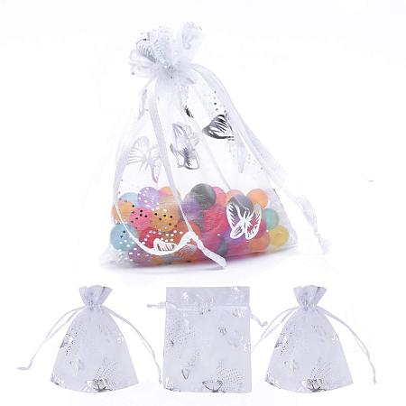 ARRICRAFT 100 PCS 4 x 4.7 Inches Silver Butterfly Printed Bags Jewelry Pouch Bags Organza Velvet Drawstring Pouches Wedding Favors Candy Bags, White
