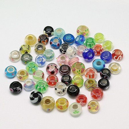 Mixed Handmade Lampwork European Beads, Rondelle, Mixed Color, 12~15x7~11mm, Hole: 5~6mm