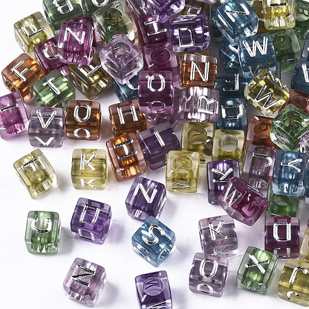 Arricraft Transparent Acrylic Beads, Cube with Letter, Silver Plated, Mixed Color, 6x6x6mm, Hole: 3mm, about 2900pc/500g