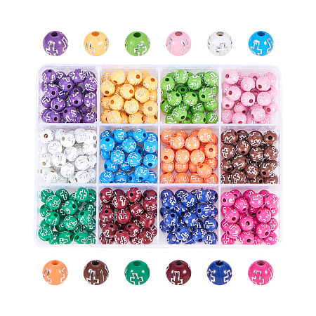Plating Acrylic Beads, Silver Metal Enlaced, Round with Cross, Mixed Color, 8mm, Hole: 2mm, 312~384pcs/box