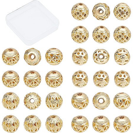 CREATCABIN 1 Box 30Pcs 5 Styles Hollow Gold Beads Filigree Round Balls 18K Real Gold Plated Alloy Peace Sign Heart Lotus Loose Spacers Disco Charms for DIY Jewelry Making Bracelets Necklaces Findings