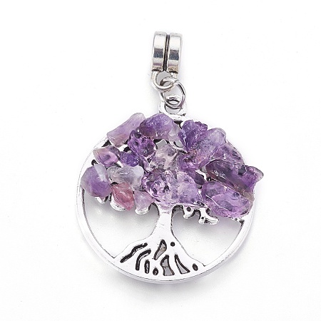 Honeyhandy Alloy European Dangle Charms, with Natural Amethyst Chips, Flat Round with Tree, Antique Silver, 38mm, Hole: 4mm, 28x25x4~5mm