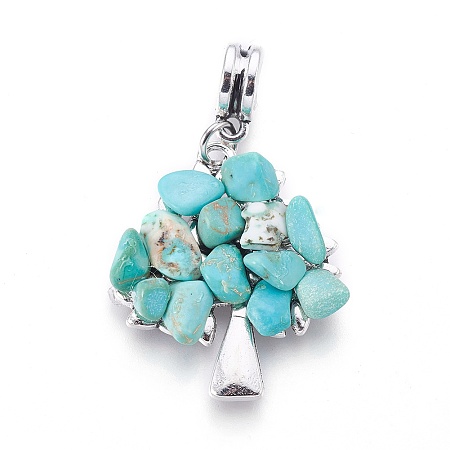 Honeyhandy Alloy European Dangle Charms, with Synthetic Turquoise Chips, Tree, Antique Silver, 40mm, Hole: 4.5mm, 28x24x4~5mm