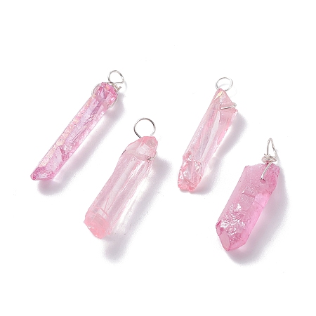 Honeyhandy Electroplated Natural Quartz Pendants, with Silver Tone Copper Wire Wrapped, Chip, Pink, 18~31x4~7x3.5~6mm, Hole: 3~3.9mm