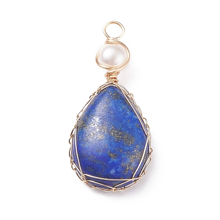 Honeyhandy Natural Lapis Lazuli Copper Wire Wrapped Pendants, with Grade A Natural Cultured Freshwater Pearl, Real 18K Gold Plated, Teardrop, 38~43x19~19.5x8~8.5mm, Hole: 3.5~3.8mm