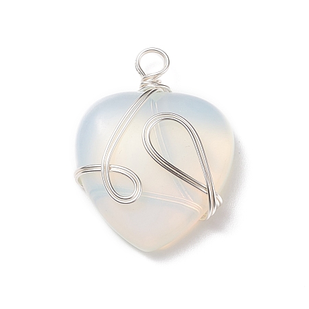 Honeyhandy Opalite Pendants, with Silver Tone Copper Wire Wrapped, Heart, 39~41x30~30.5x8.5~9.5mm, Hole: 4~4.2mm