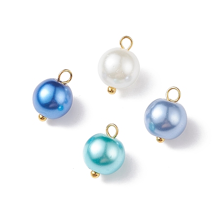 Honeyhandy Glass Pearl Pendants, with Golden Plated Brass Findings, Round, Royal Blue, 11x8.5mm, Hole: 2mm