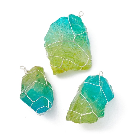 Electroplated Raw Rough Natural Quartz Copper Wire Wrapped Big Pendants, Two Tone Nuggets Charms, Silver Plated Color, Lime Green, 42~59x27~37x17~24mm, Hole: 3mm
