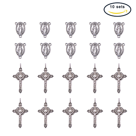 PandaHall Elite 10 Sets Tibetan Style Rosary Cross and Center Miraculous Medal with Alloy Crucifix Cross Pendants and Oval Chandelier Links for Rosary Holy Beads Necklace Making Antique Silver