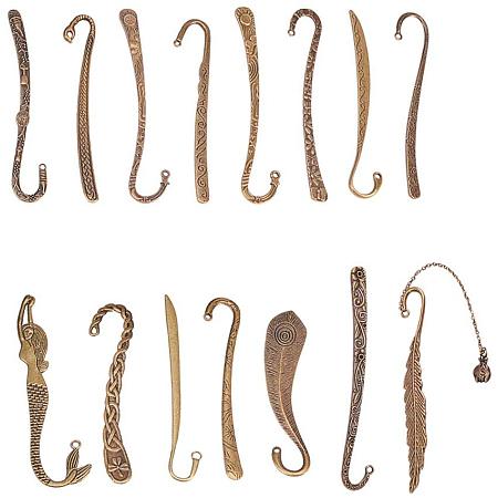 PandaHall Elite 15 pcs 15 Styles Bookmark Charms Pendants, Tibetan Style Alloy Carved Hook Bookmark Findings for Crafting DIY Jewelry Making, Antique Bronze
