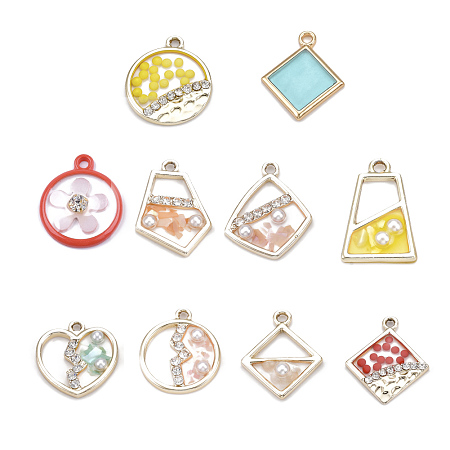 Alloy Epoxy Resin Pendants, with Shell/ABS Plastic/Glass/Rhinestone/Acrylic, Mixed Shapes, Mixed Color, 19.5~23.5x13~20x2~4mm, Hole: 1.6~2mm