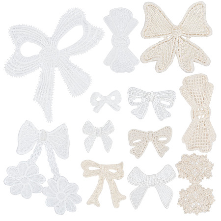 Gorgecraft 24Pcs 12 Style Milk Fiber Lace Embroidery Costume Accessories, Applique Patch, Sewing Craft Decoration, Bowknot, Mixed Color, 26~135x37~125x1~2mm, 2pcs/style