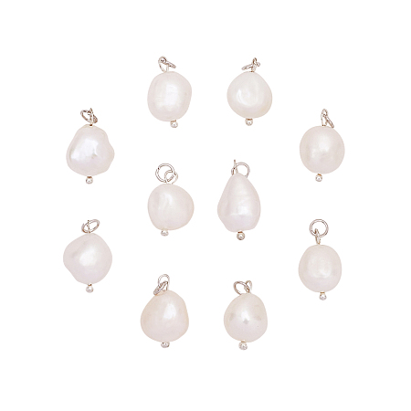 Natural Cultured Freshwater Pearl Pendants, with Brass Findings, Creamy White, 16x9~10mm, Hole: 3mm; 10pcs/box