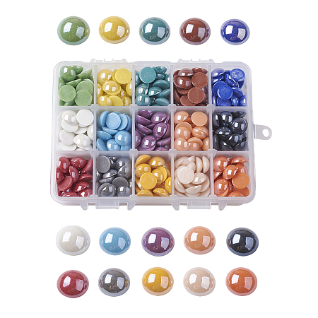 ARRICRAFT 15 Colors Pearlized Plated Handmade Porcelain Cabochons, Half Round/Dome, Mixed Color, 11.5~12x5mm, about 28pcs/comparment, about 420pcs/box