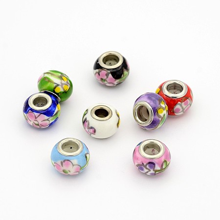 Arricraft Handmade Porcelain European Beads, with Silver Color Brass Double Cores, Rondelle, Mixed Color, 15x10~11mm, Hole: 5mm