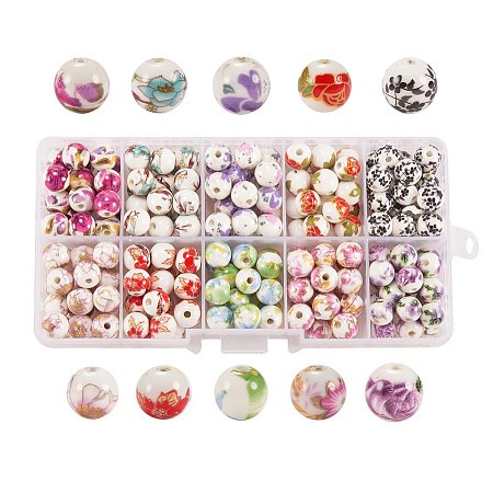 Arricraft 1 Box (About 200pcs) 10 Styles Traditional Chinese Handmade Porcelain Flower Round Beads 8mm Exquisite Decal Spacer Beads